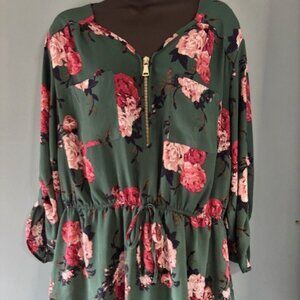 Stella Tweed Tunic 2X Green Floral Gold Zip Front Drawstring Waist Garden Boho